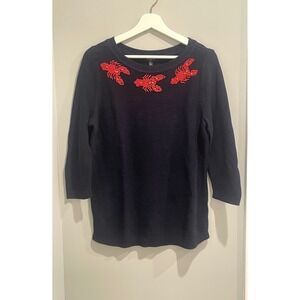 Talbots Petites Navy Blue Sweater Lobster Beaded 3/4 Sleeve Women's Size LP